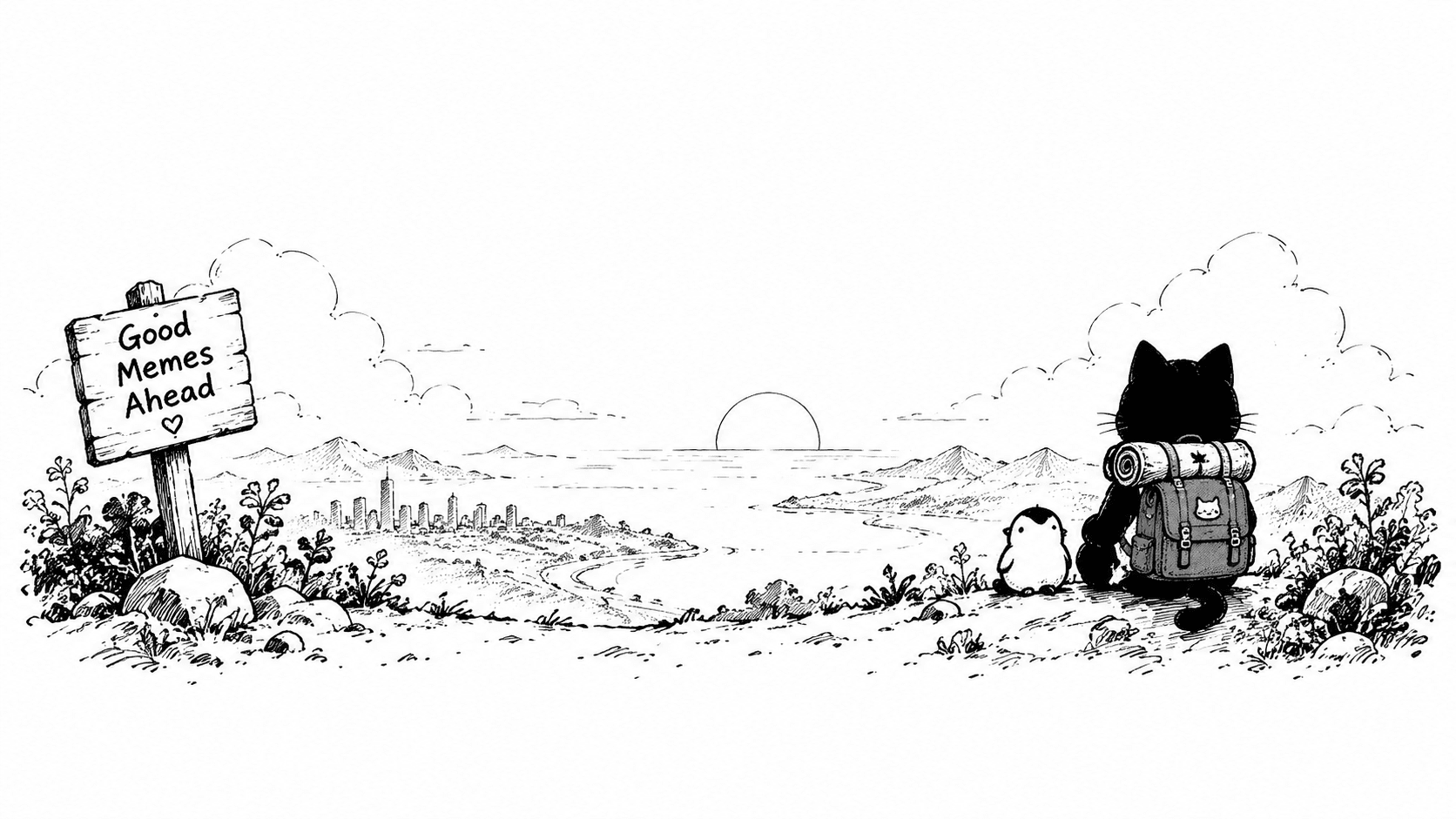 An ink sketch of a signpost reading weirder ideas a brighter tomorrow, with a black cat setting off toward the horizon