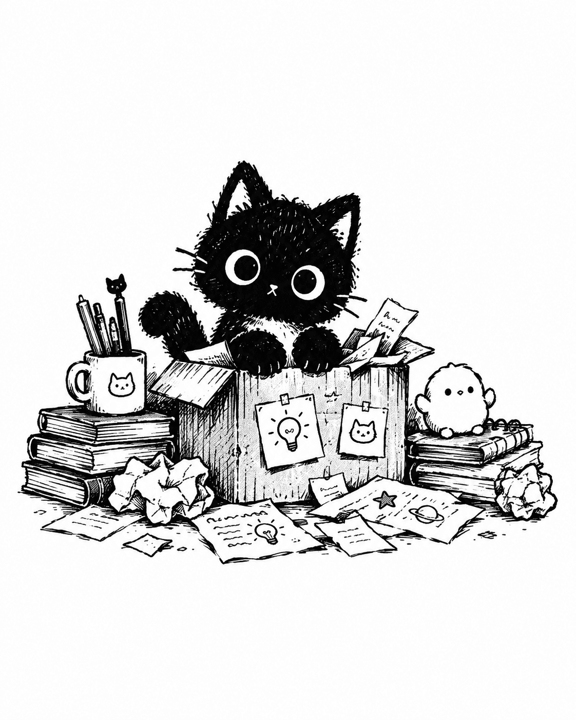 A black cat at a pinboard covered in meme concept sketches, notes, and a stack of books labelled name, lore, art, website, and community