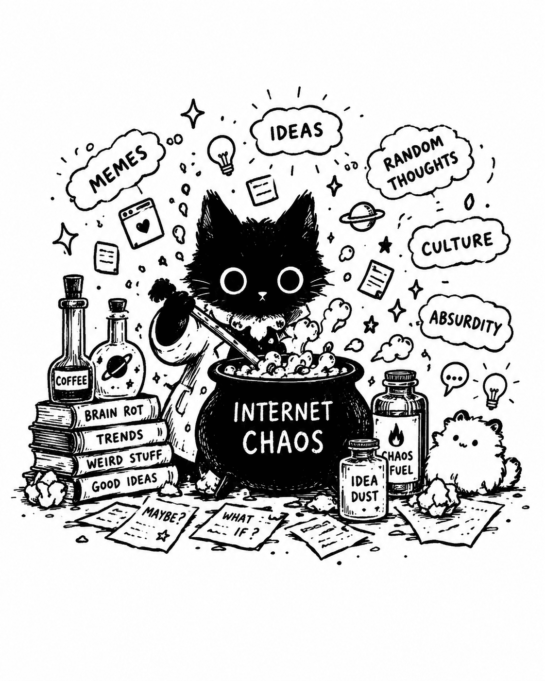 A black cat in a lab coat stirring a cauldron labelled internet chaos, surrounded by signs reading trends, absurdity, culture, shitposts, and ideas