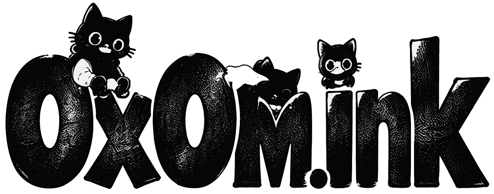 0x0m.ink — a hand drawn wordmark surrounded by black cats collecting ideas