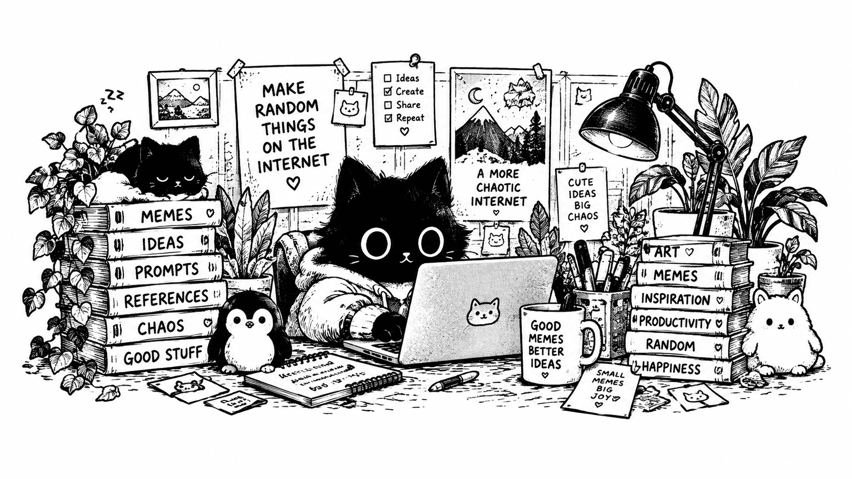 A black cat working at a laptop in a cozy studio covered in notes reading memes, experiments, good ideas, and weird ideas