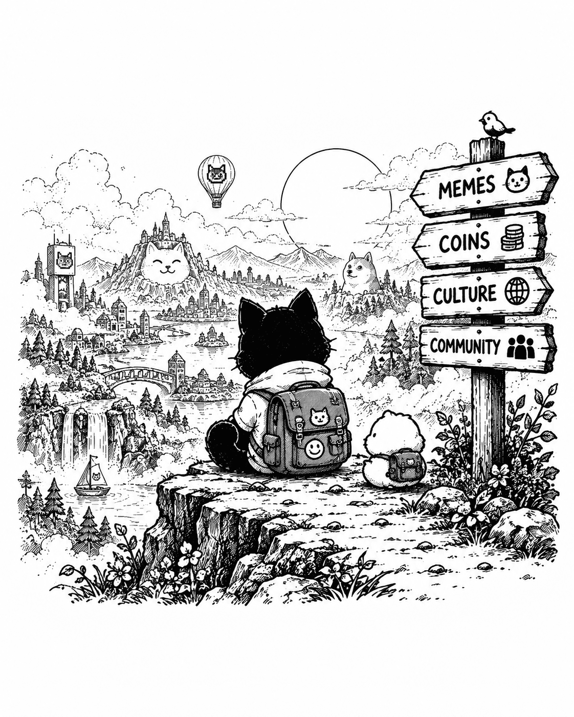 A black cat with a backpack looking out over a valley of signposts reading memes, coins, culture, community, and everything random